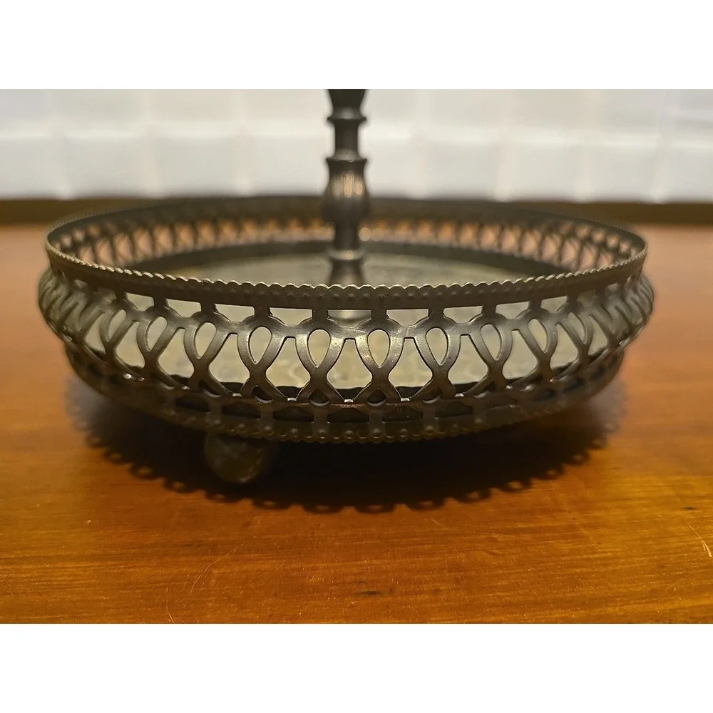 Vintage round holder bottles barware Dresser tray dish hammered table silvertone